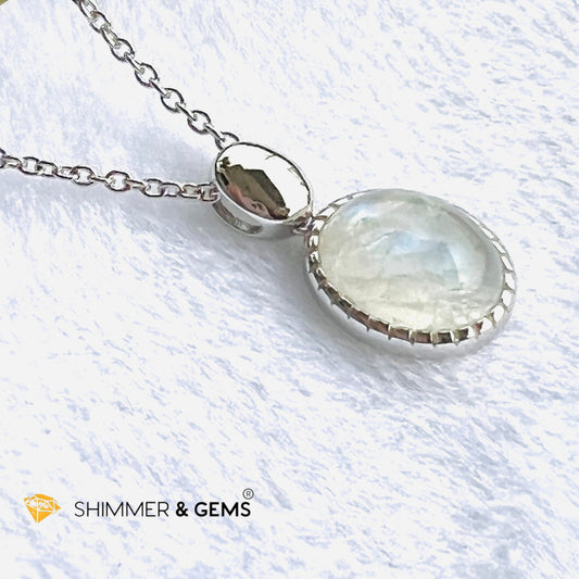 Rainbow Moonstone Bezel Oval With Chain Necklace (Classy) Charms & Pendants