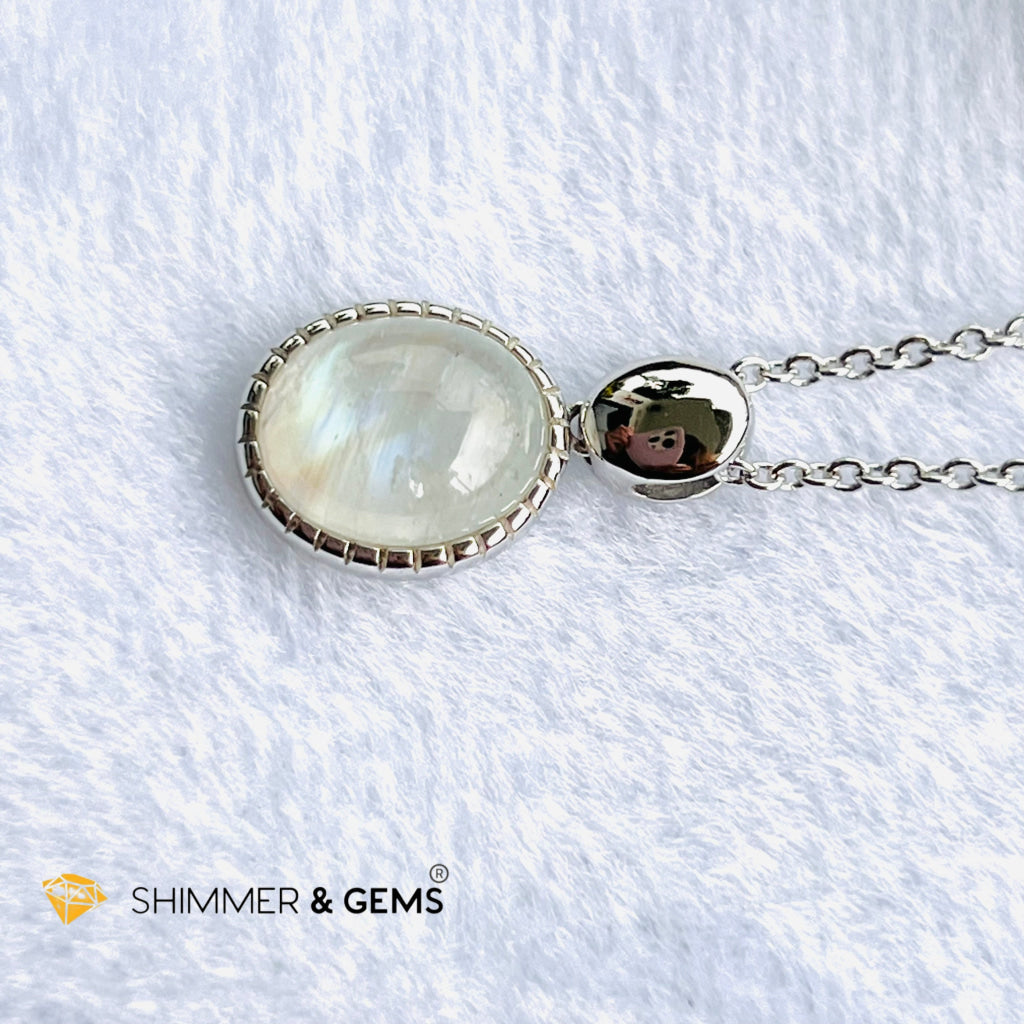 Rainbow Moonstone Bezel Oval With Chain Necklace (Classy) Charms & Pendants