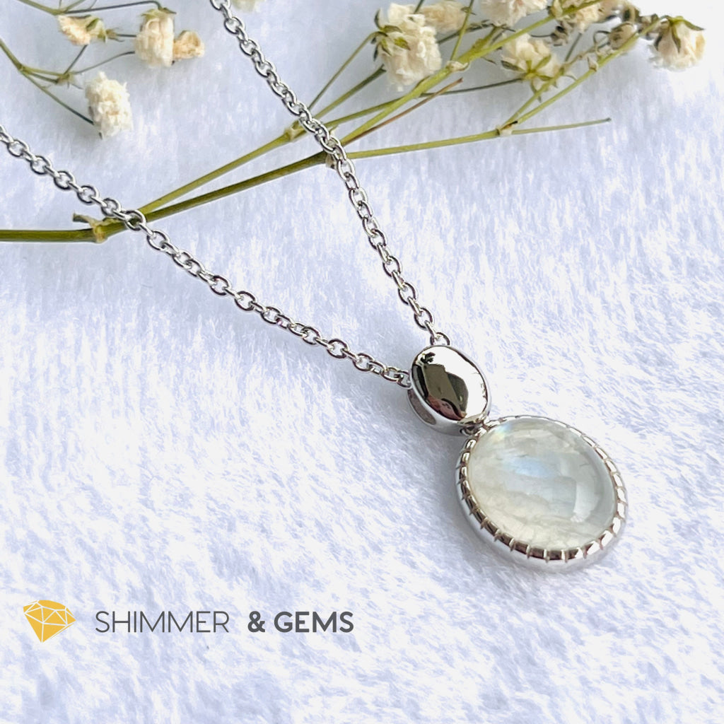 Rainbow Moonstone Bezel Oval With Chain Necklace (Classy) Charms & Pendants