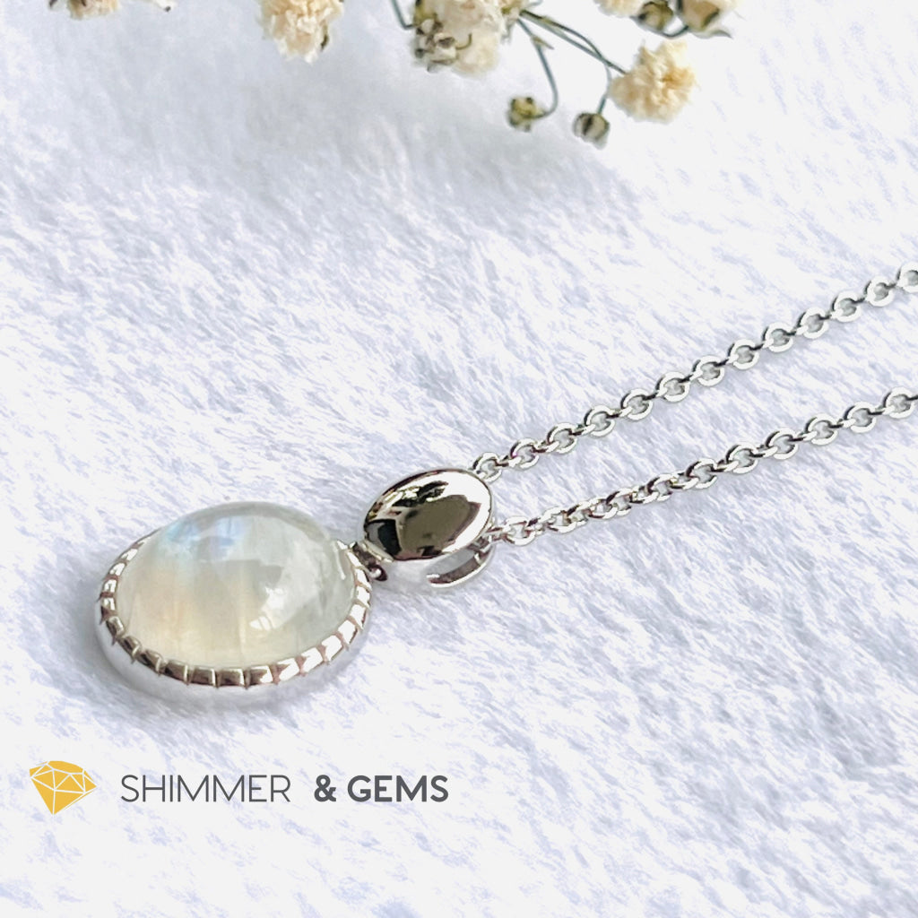 Rainbow Moonstone Bezel Oval With Chain Necklace (Classy) Charms & Pendants
