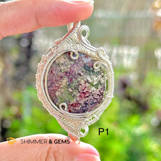 Red and Green Moss Agate Wire-wrapped Pendant (Stainless Steel)