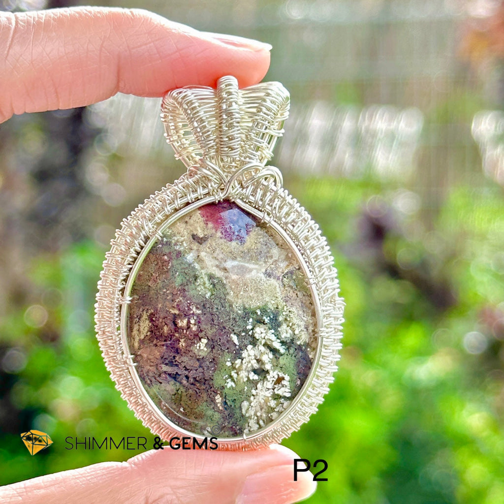 Red and Green Moss Agate Wire-wrapped Pendant (Stainless Steel)