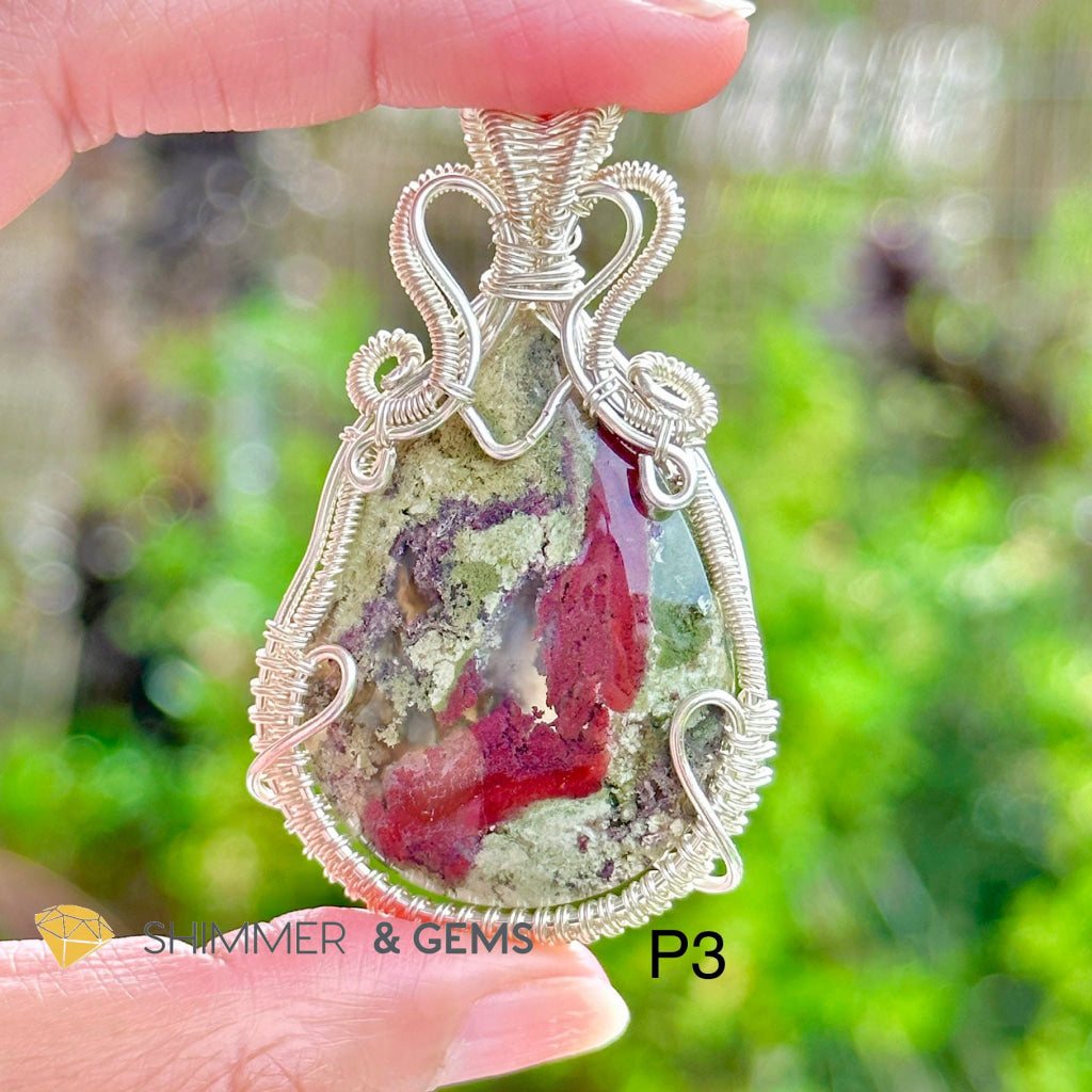 Red and Green Moss Agate Wire-wrapped Pendant (Stainless Steel)