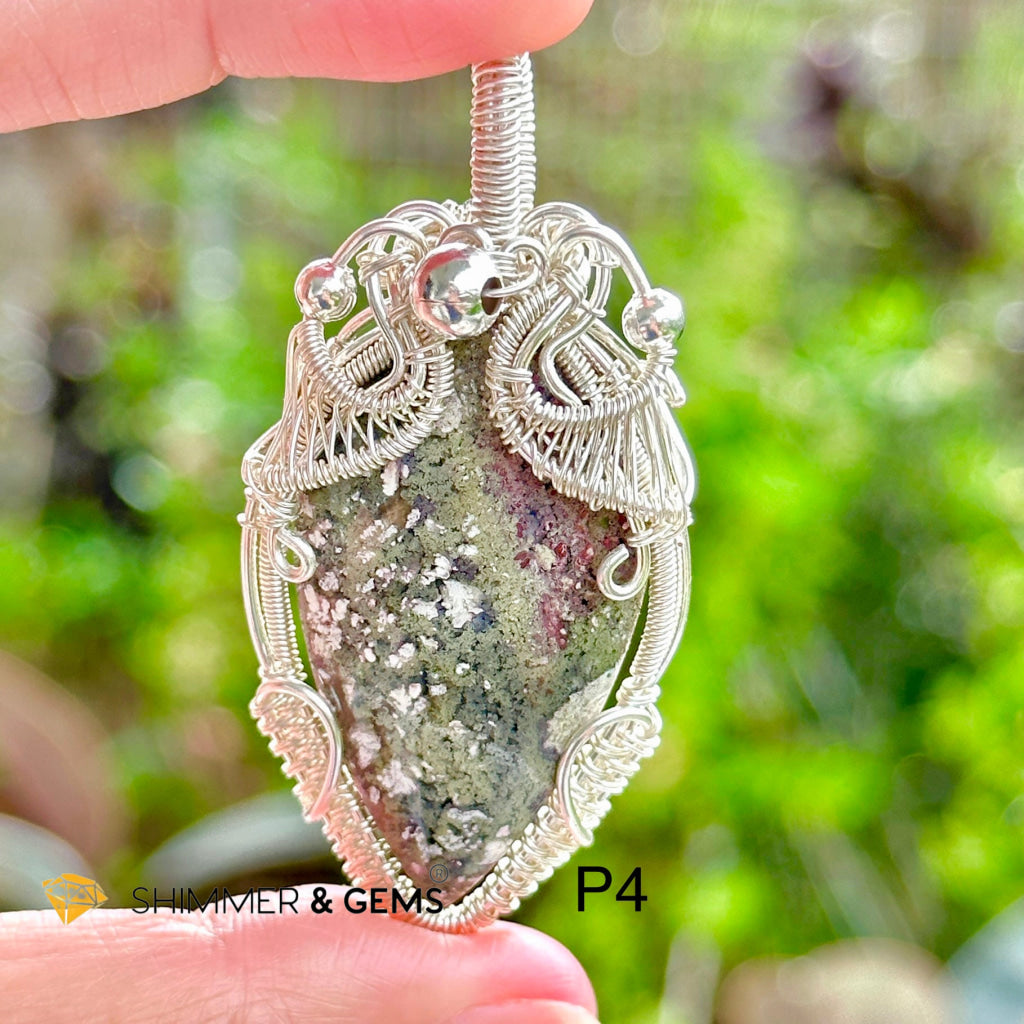 Red and Green Moss Agate Wire-wrapped Pendant (Stainless Steel)