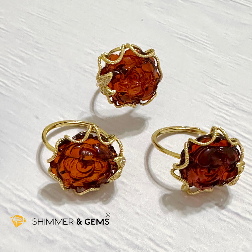 Red Blood Amber Rose Ring 925 Silver + Gold Plating 14 Carats (Adjustable) AAAA (Baltic) 15mm