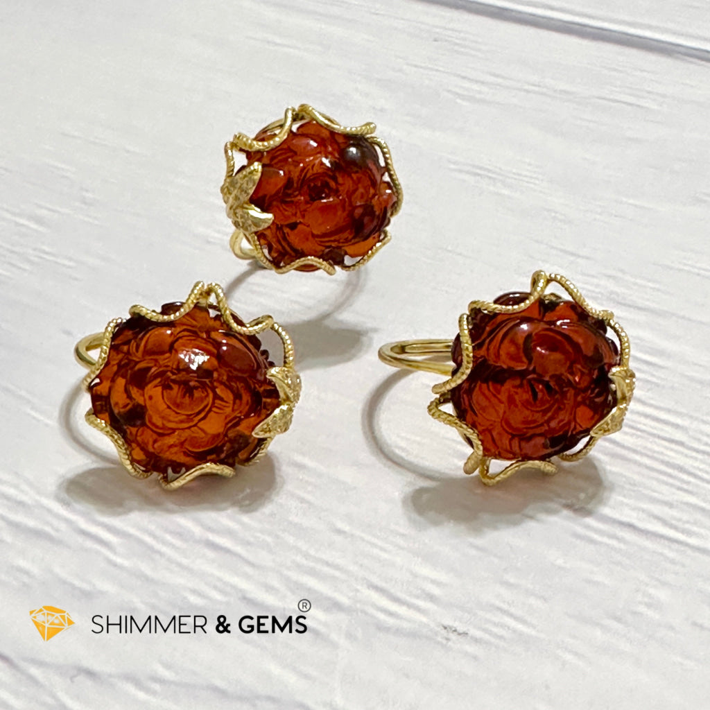 Red Blood Amber Rose Ring 925 Silver + Gold Plating 14 Carats (Adjustable) AAAA (Baltic) 15mm