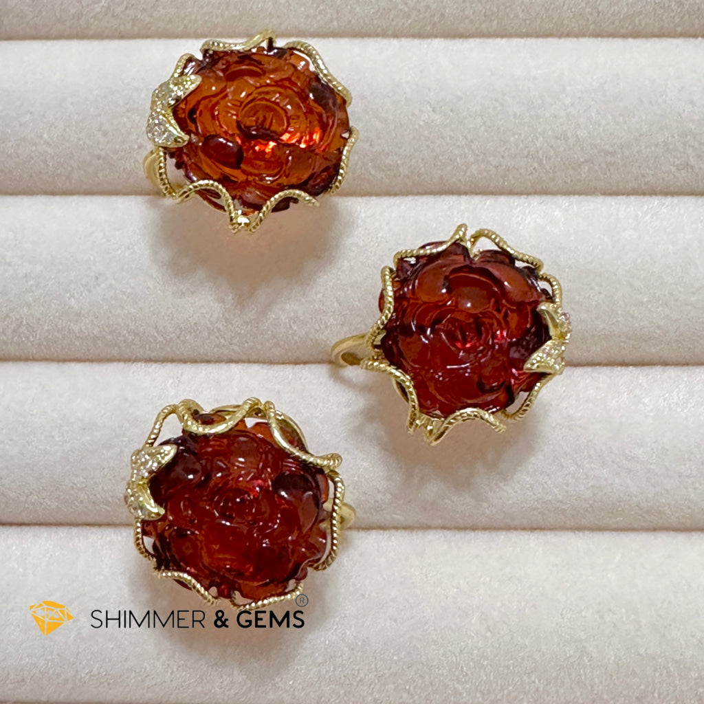 Red Blood Amber Rose Ring 925 Silver + Gold Plating 14 Carats (Adjustable) AAAA (Baltic) 15mm