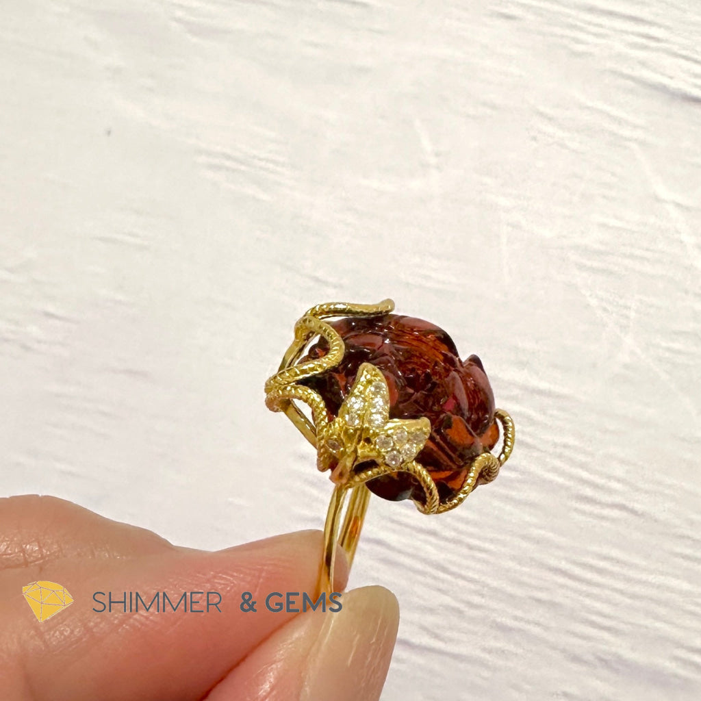 Red Blood Amber Rose Ring 925 Silver + Gold Plating 14 Carats (Adjustable) AAAA (Baltic) 15mm