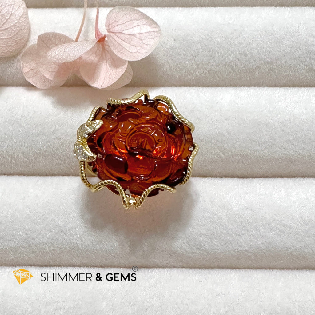 Red Blood Amber Rose Ring 925 Silver + Gold Plating 14 Carats (Adjustable) AAAA (Baltic) 15mm