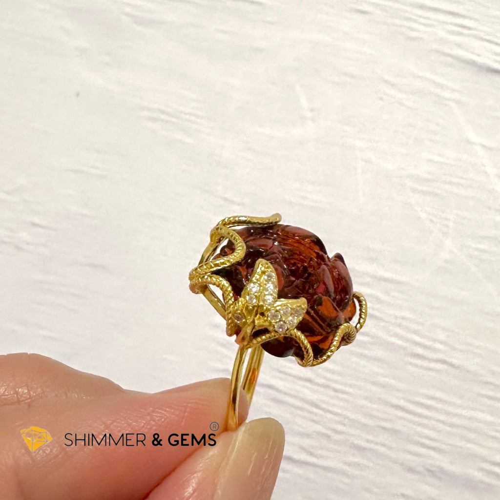 Red Blood Amber Rose Ring 925 Silver + Gold Plating 14 Carats (Adjustable) AAAA (Baltic) 15mm