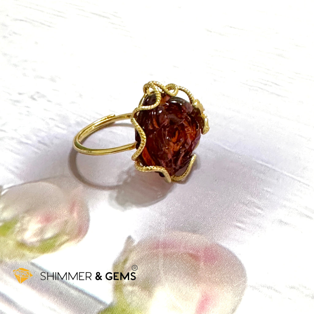 Red Blood Amber Rose Ring 925 Silver + Gold Plating 14 Carats (Adjustable) AAAA (Baltic) 15mm