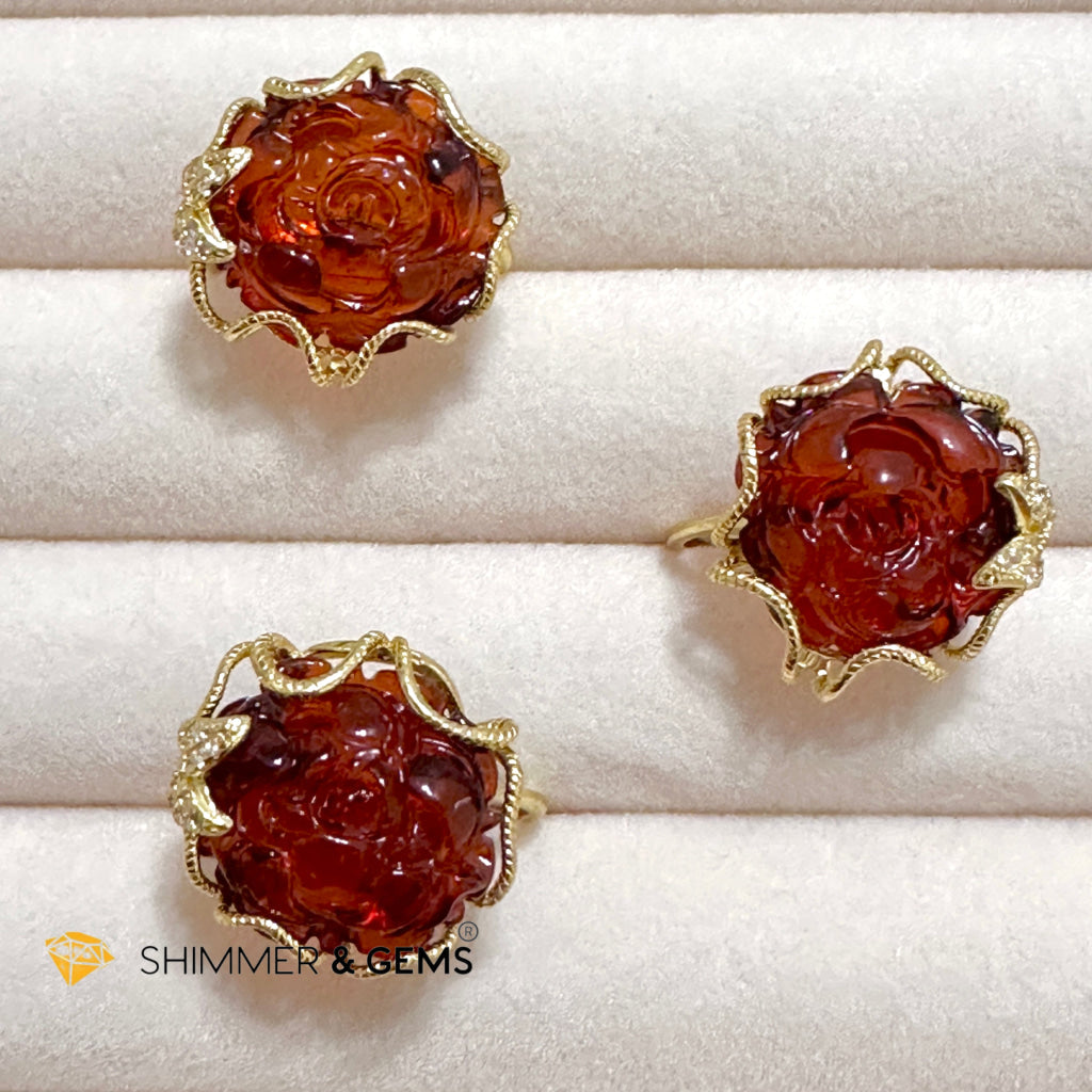 Red Blood Amber Rose Ring 925 Silver + Gold Plating 14 Carats (Adjustable) AAAA (Baltic) 15mm