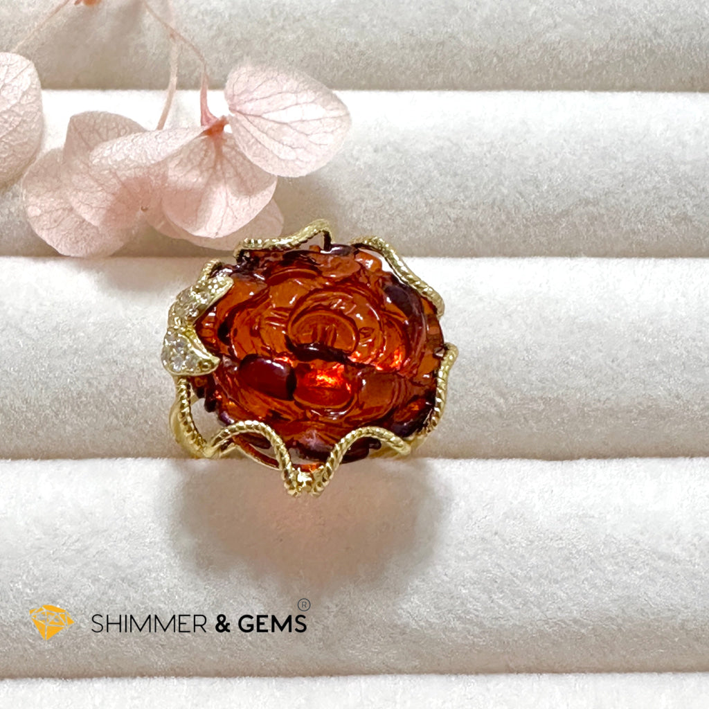 Red Blood Amber Rose Ring 925 Silver + Gold Plating 14 Carats (Adjustable) AAAA (Baltic) 15mm