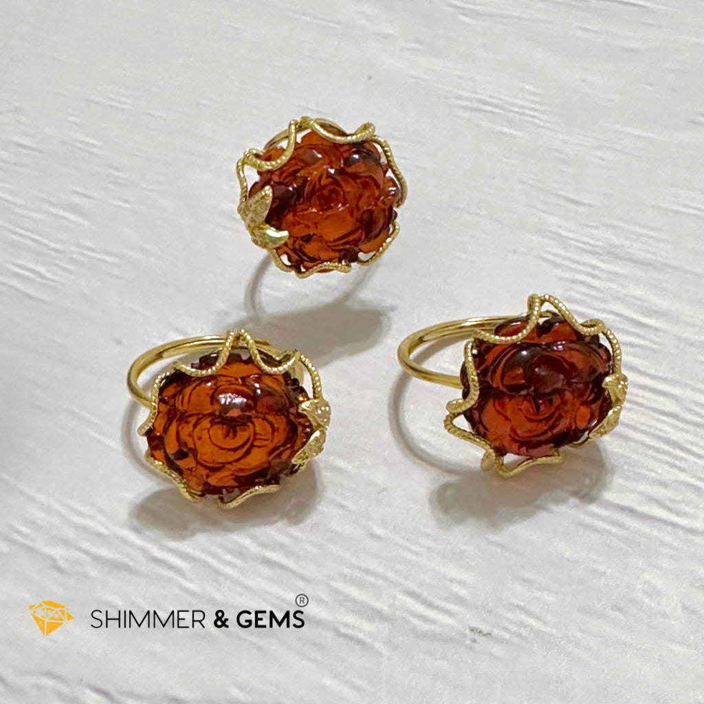 Red Blood Amber Rose Ring 925 Silver + Gold Plating 14 Carats (Adjustable) AAAA (Baltic) 15mm