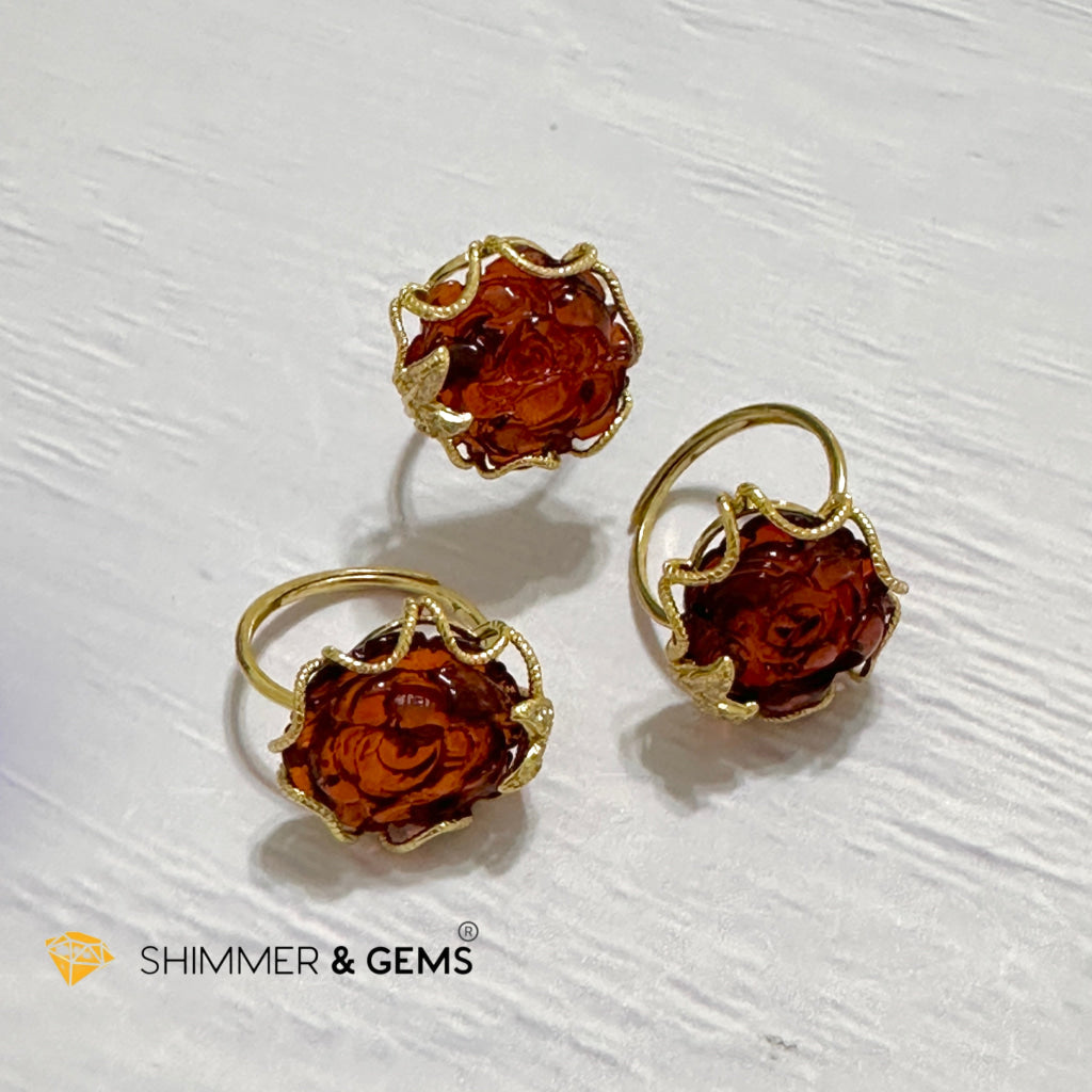 Red Blood Amber Rose Ring 925 Silver + Gold Plating 14 Carats (Adjustable) AAAA (Baltic) 15mm