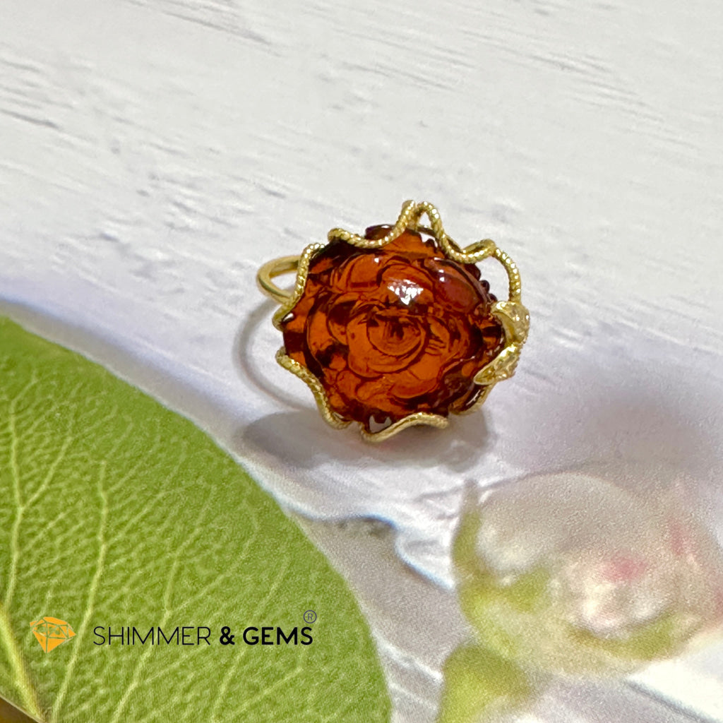 Red Blood Amber Rose Ring 925 Silver + Gold Plating 14 Carats (Adjustable) AAAA (Baltic) 15mm