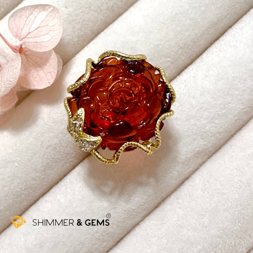 Red Blood Amber Rose Ring 925 Silver + Gold Plating 14 Carats (Adjustable) AAAA (Baltic) 15mm