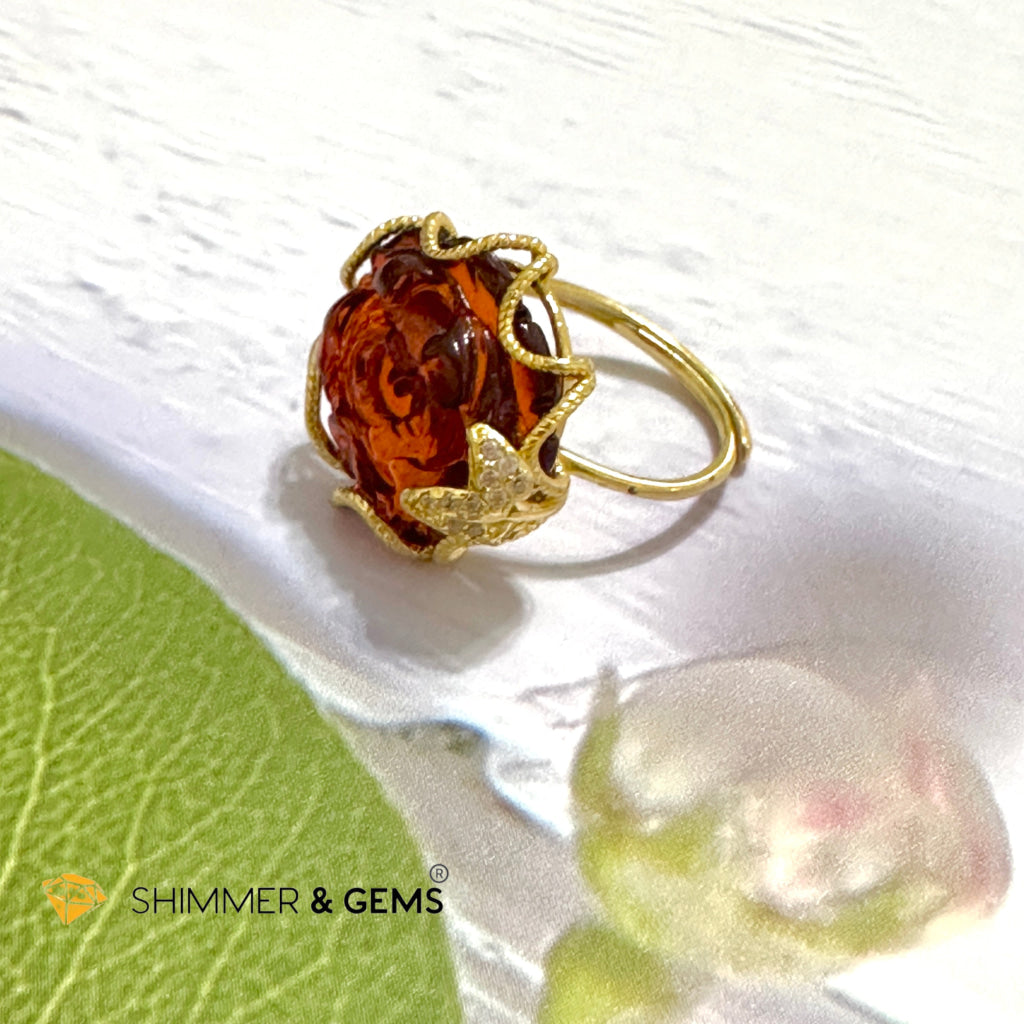 Red Blood Amber Rose Ring 925 Silver + Gold Plating 14 Carats (Adjustable) AAAA (Baltic) 15mm