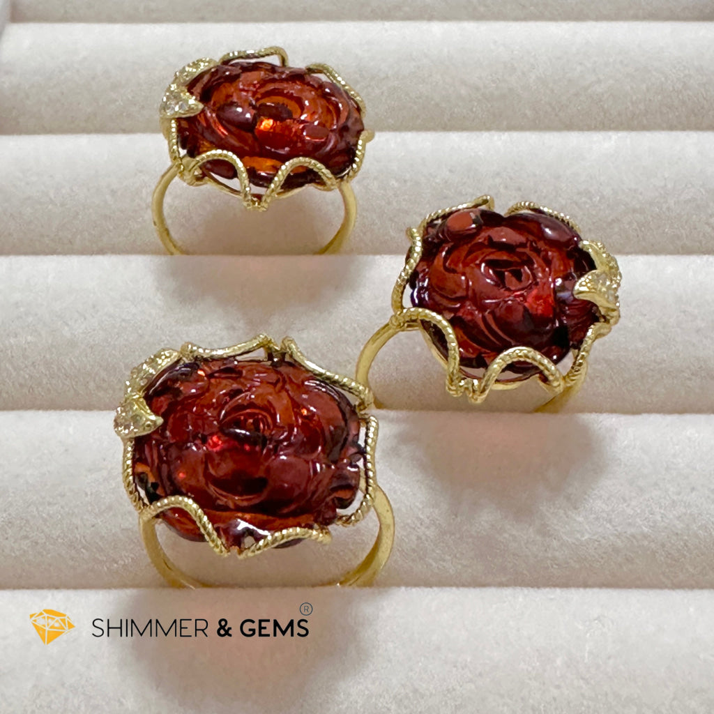 Red Blood Amber Rose Ring 925 Silver + Gold Plating 14 Carats (Adjustable) AAAA (Baltic) 15mm