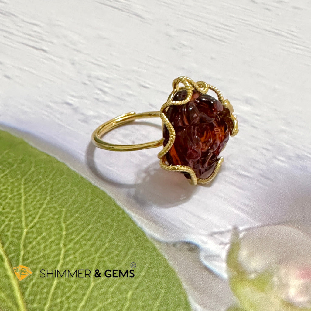 Red Blood Amber Rose Ring 925 Silver + Gold Plating 14 Carats (Adjustable) AAAA (Baltic) 15mm