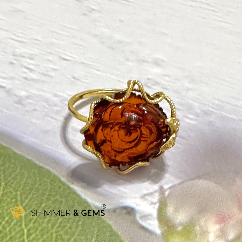 Red Blood Amber Rose Ring 925 Silver + Gold Plating 14 Carats (Adjustable) AAAA (Baltic) 15mm