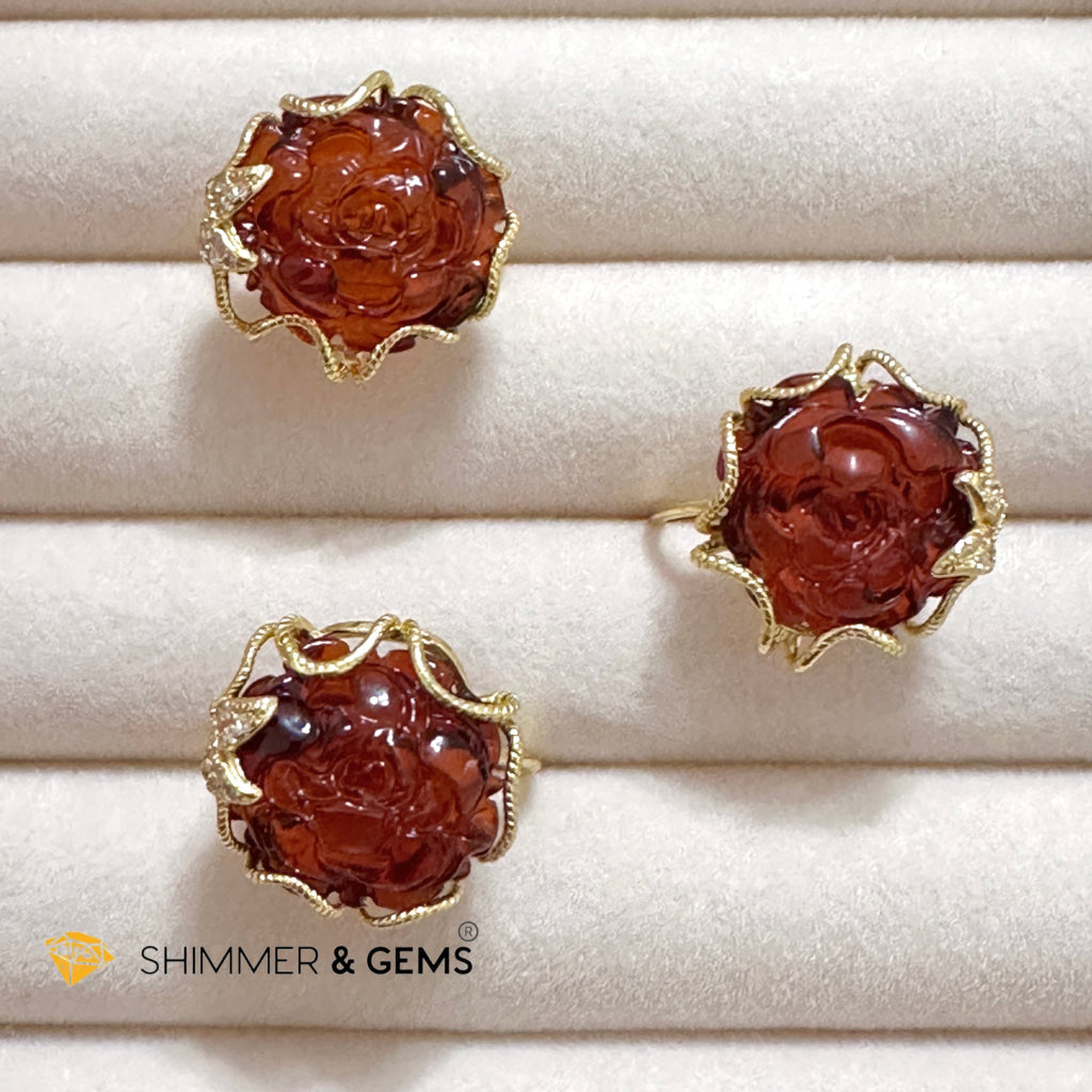 Red Blood Amber Rose Ring 925 Silver + Gold Plating 14 Carats (Adjustable) AAAA (Baltic) 15mm