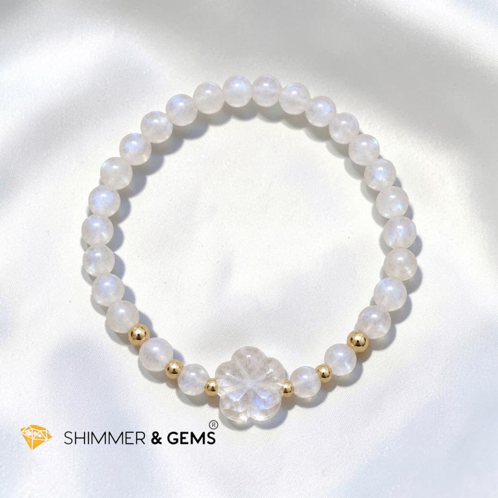 Refresh & Reset Your Vibes Moonstone with Clear Quartz Blossom Charm Bracelet (5mm)