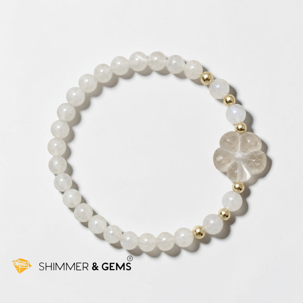Refresh & Reset Your Vibes Moonstone with Clear Quartz Blossom Charm Bracelet (5mm)