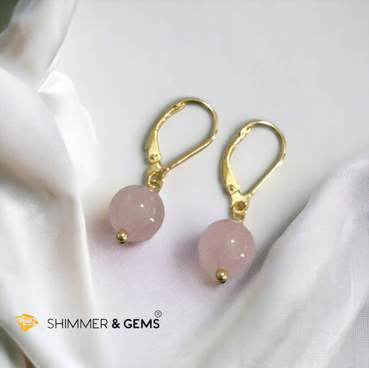 Rose Quartz 8mm Ball 925 Silver Leverback Hook Earring (Gold & Silver)