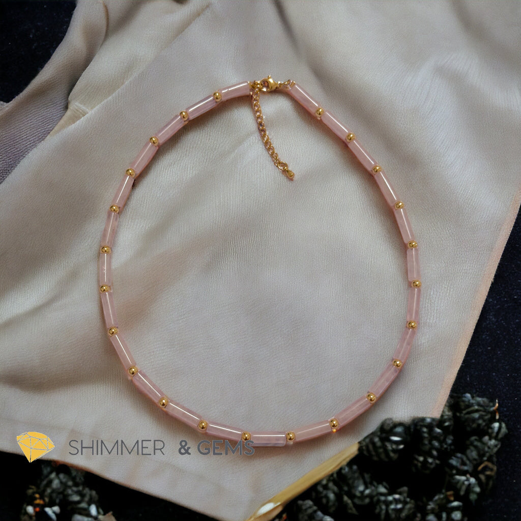 Rose Quartz Tube Necklace with 14k gold filled stainless steel beads and clasp