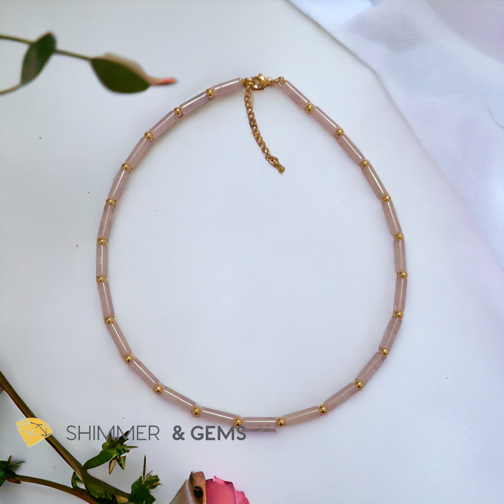 Rose Quartz Tube Necklace with 14k gold filled stainless steel beads and clasp