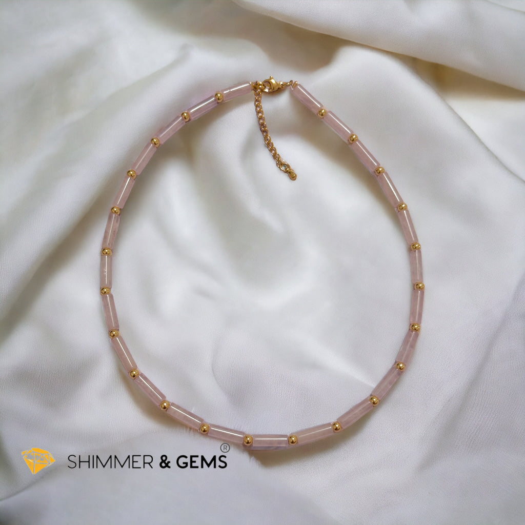 Rose Quartz Tube Necklace with 14k gold plated stainless steel beads and clasp