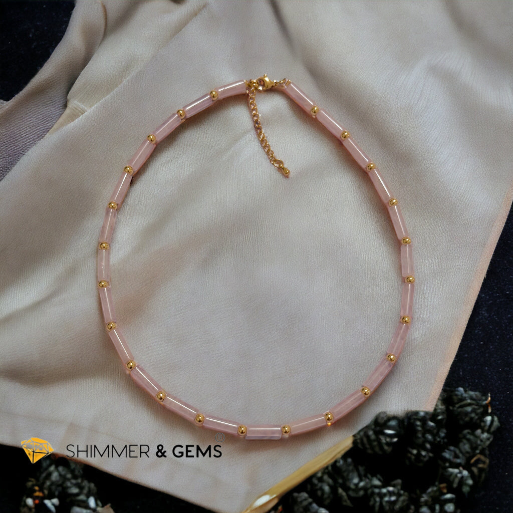 Rose Quartz Tube Necklace with 14k gold plated stainless steel beads and clasp