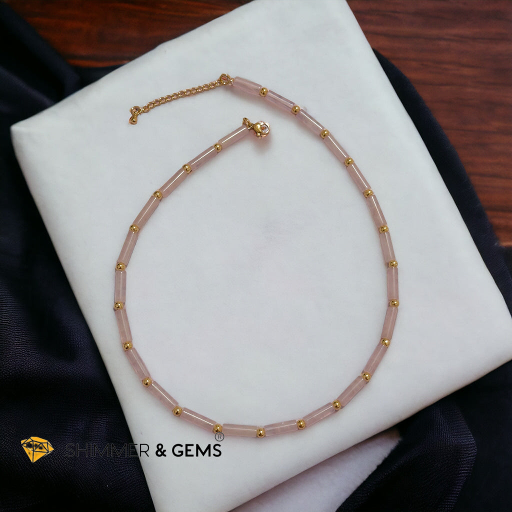 Rose Quartz Tube Necklace with 14k gold plated stainless steel beads and clasp