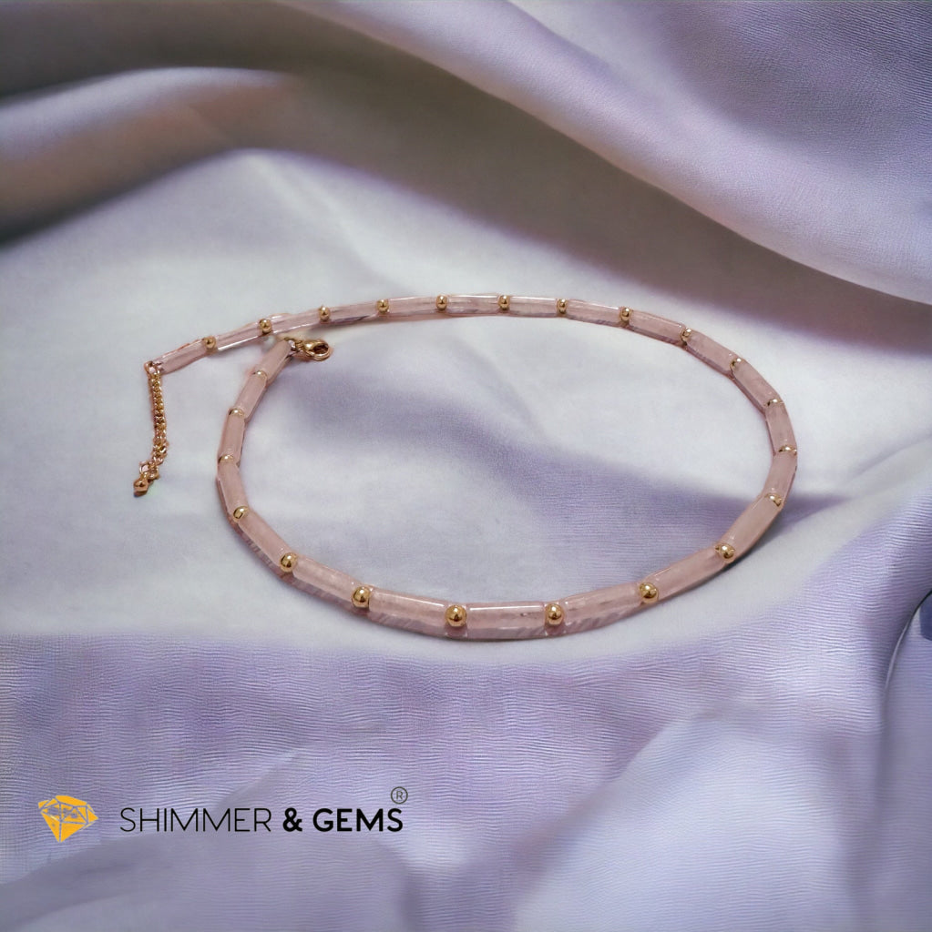 Rose Quartz Tube Necklace with 14k gold plated stainless steel beads and clasp