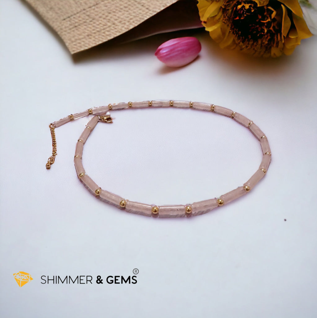 Rose Quartz Tube Necklace with 14k gold plated stainless steel beads and clasp