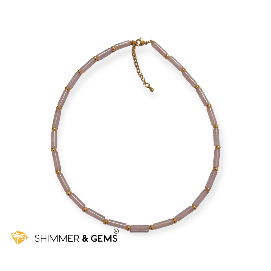 Rose Quartz Tube Necklace with 14k gold plated stainless steel beads and clasp