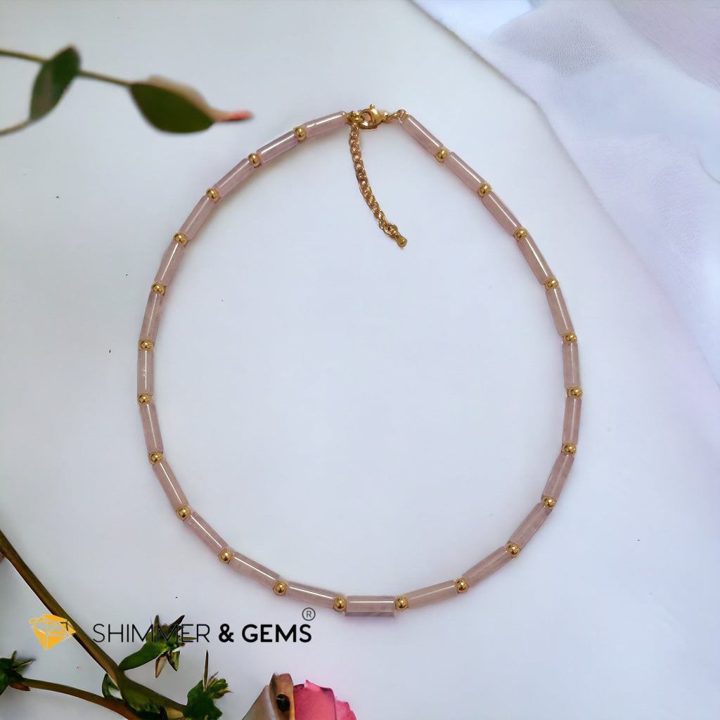 Rose Quartz Tube Necklace with 14k gold plated stainless steel beads and clasp