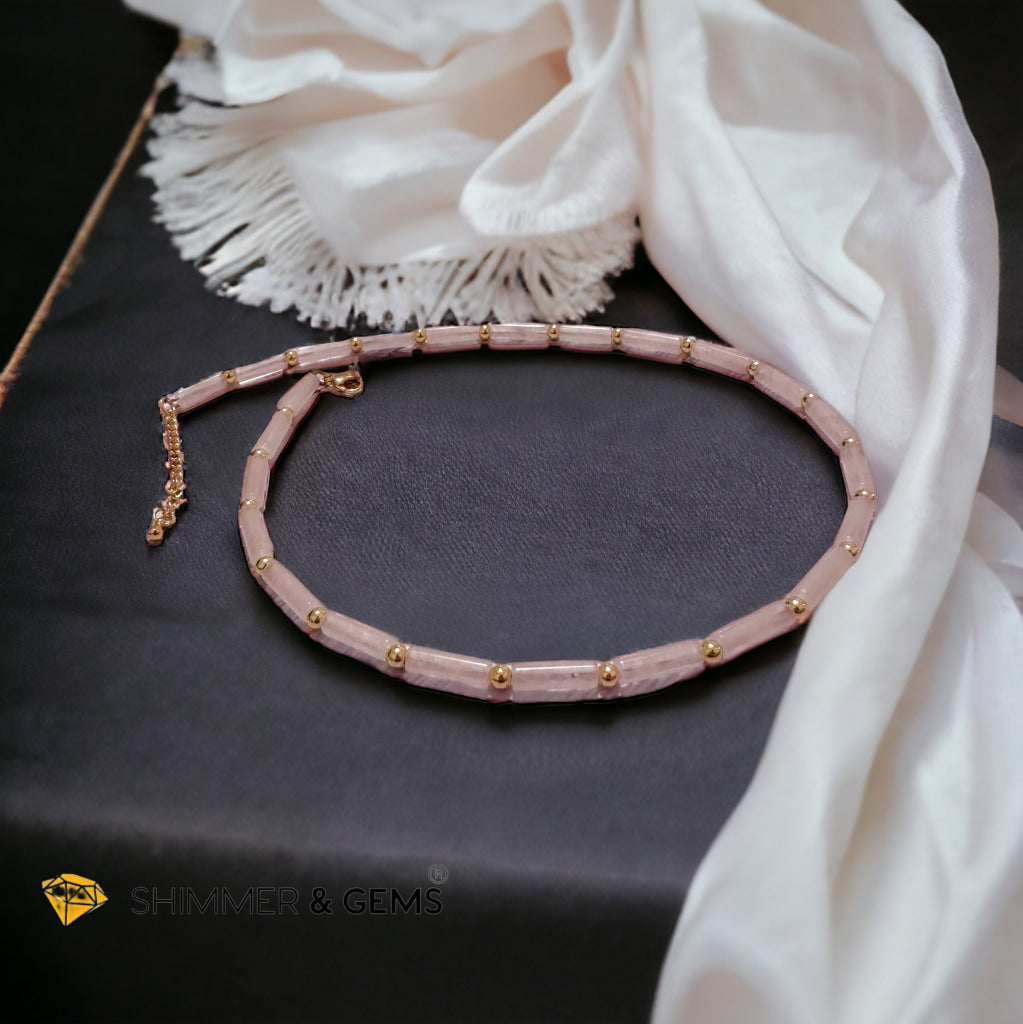 Rose Quartz Tube Necklace with 14k gold plated stainless steel beads and clasp