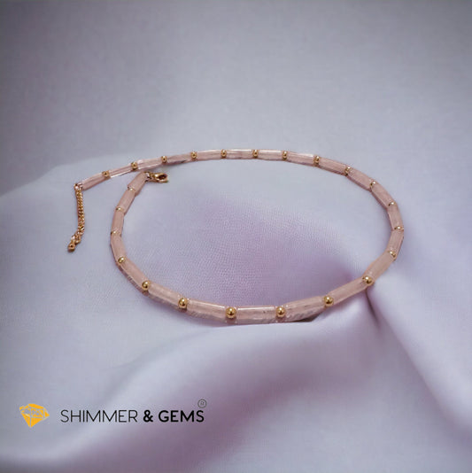 Rose Quartz Tube Necklace with 14k gold plated stainless steel beads and clasp