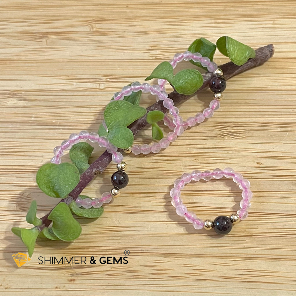 Rose Quartz With Garnet Crystal Beads Ring (Love) Rings