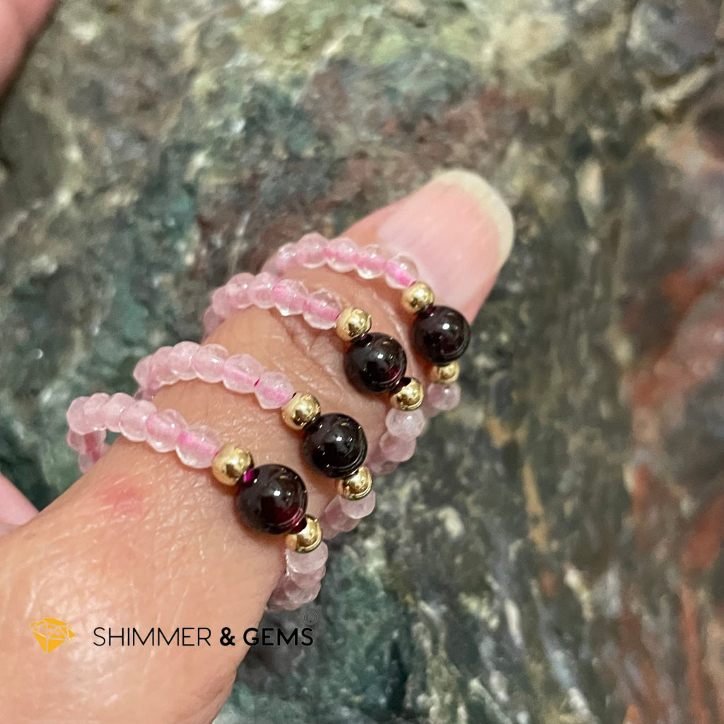 Rose Quartz With Garnet Crystal Beads Ring (Love) Rings