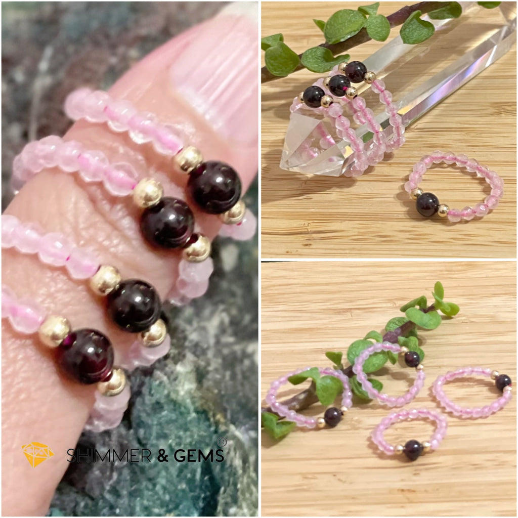 Rose Quartz With Garnet Crystal Beads Ring (Love) Rings