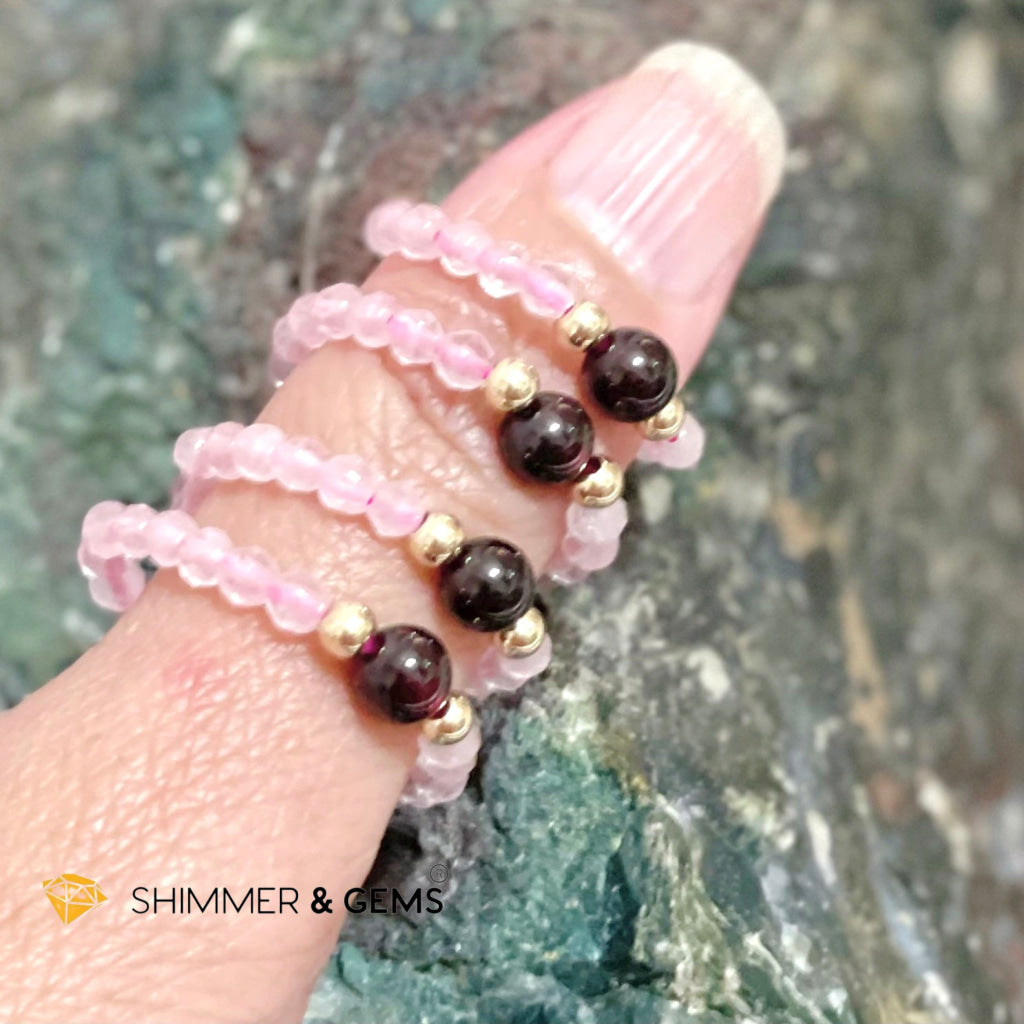 Rose Quartz With Garnet Crystal Beads Ring (Love) Rings