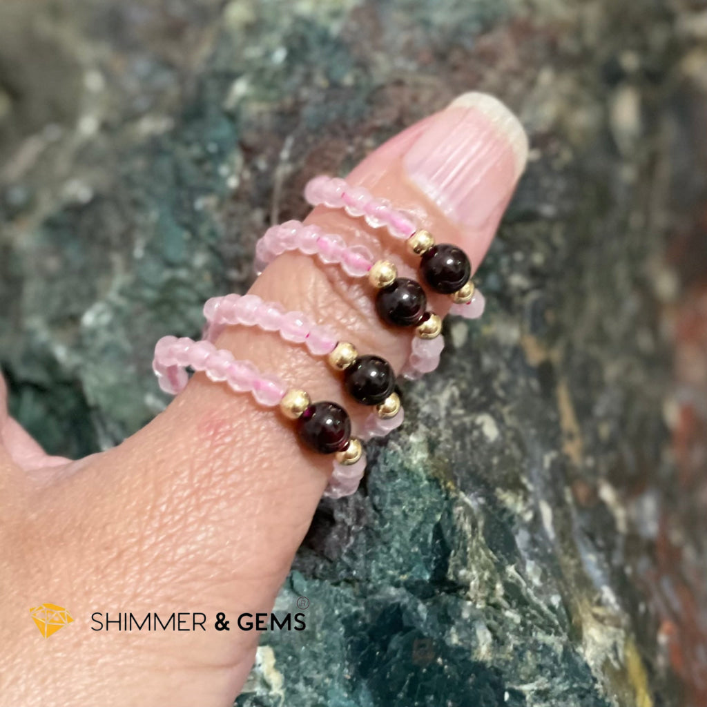 Rose Quartz With Garnet Crystal Beads Ring (Love) Rings