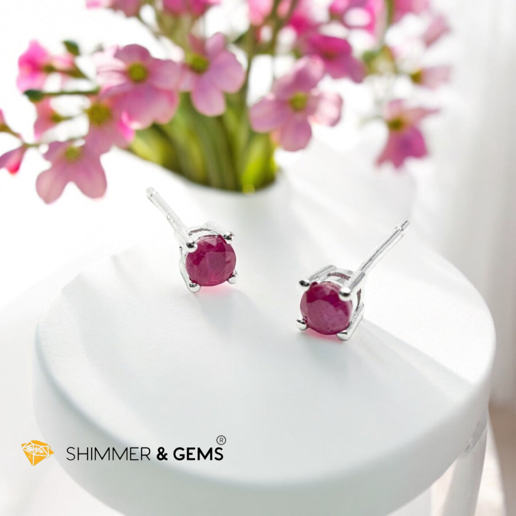 Ruby Earrings 3.7mm 925 Silver Studs (Burma)AA