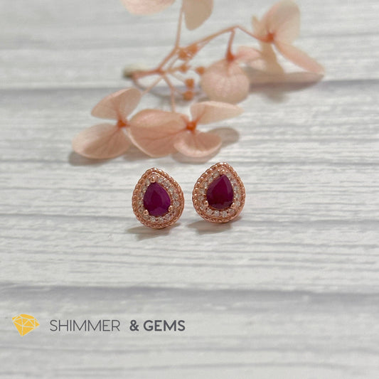Ruby with Zirconia Pear 925 Silver Earrings (Rose Gold)