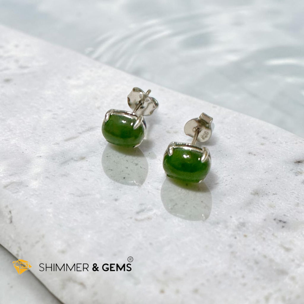 Russian Jade 6×8mm Oval 925 Silver Earrings