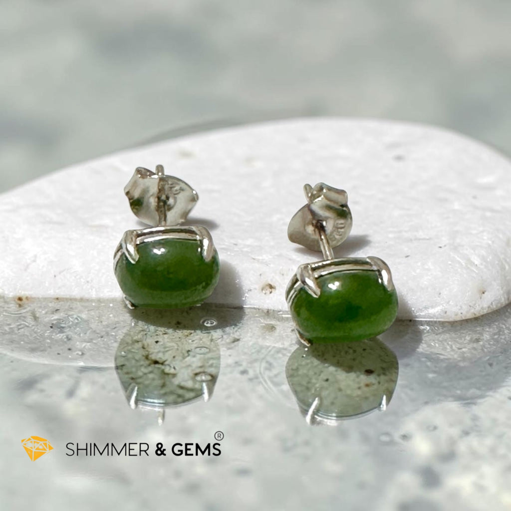 Russian Jade 6×8mm Oval 925 Silver Earrings