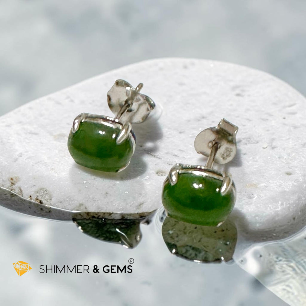 Russian Jade 6×8mm Oval 925 Silver Earrings